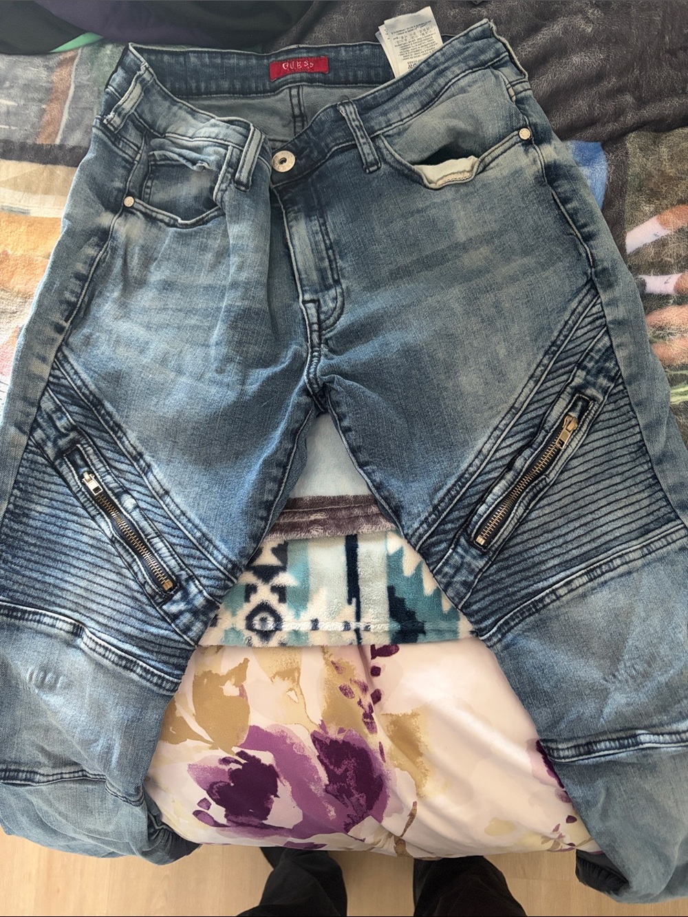 GUESS Blue Moto-Style Jeans with Zipper Accents